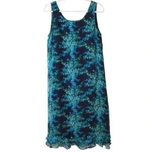 Vintage 90s Y2K Midi Dress Size 12 Blue Floral 100% Silk Flowy Ruffle Flounce